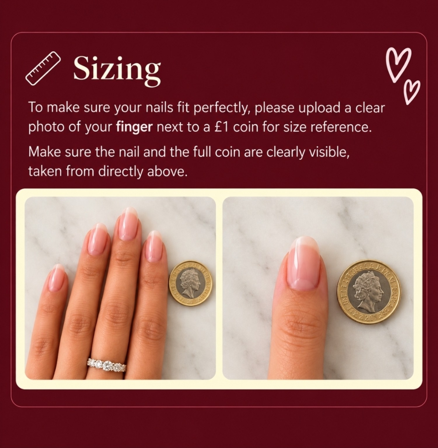 Sizing instructions showing a finger and nails photographed next to a £1 coin from directly above